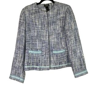 Crazy Horse Liz Claiborne Blue Tweed Ribbon Trim Collarless Jacket Size M